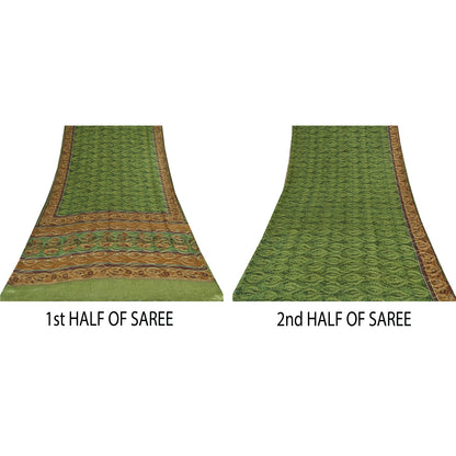 Sanskriti Vintage Sarees Green Pure Georgette Silk Print Sari 5+yd Craft Sustainable Fabric