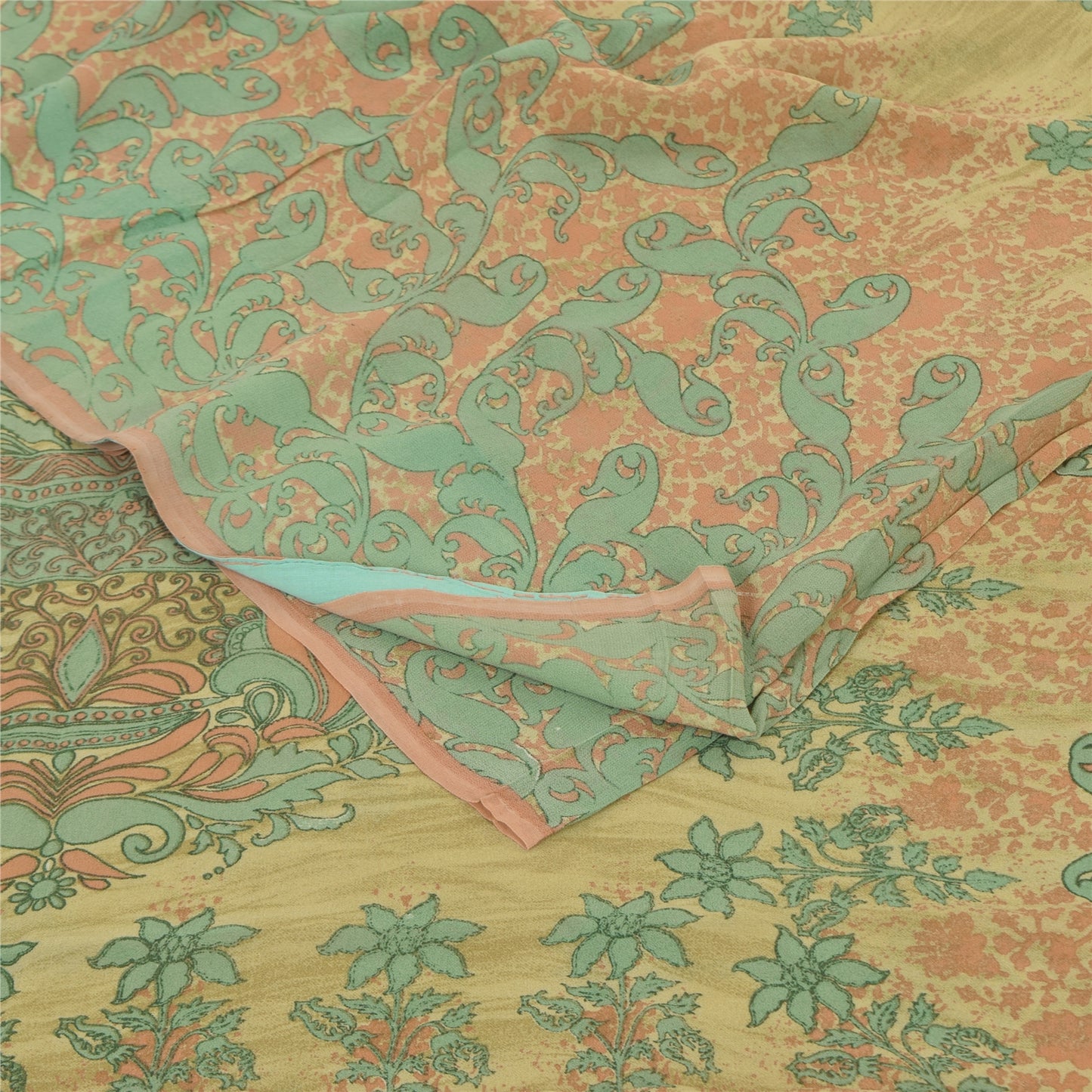 Sanskriti Vintage Sarees Olive-Green Pure Georgette Print Sari 5+yd Craft Sustainable Fabric