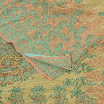 Sanskriti Vintage Sarees Olive-Green Pure Georgette Print Sari 5+yd Craft Sustainable Fabric