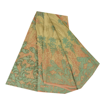 Sanskriti Vintage Sarees Olive-Green Pure Georgette Print Sari 5+yd Craft Sustainable Fabric