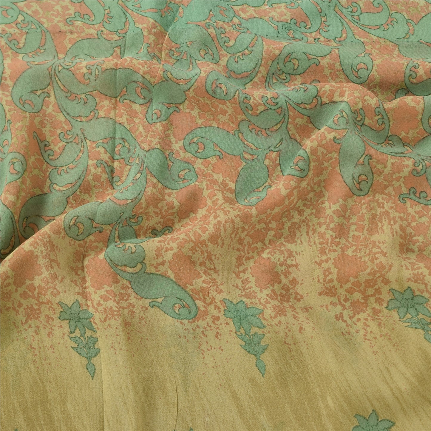 Sanskriti Vintage Sarees Olive-Green Pure Georgette Print Sari 5+yd Craft Sustainable Fabric