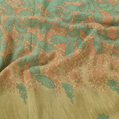 Sanskriti Vintage Sarees Olive-Green Pure Georgette Print Sari 5+yd Craft Sustainable Fabric
