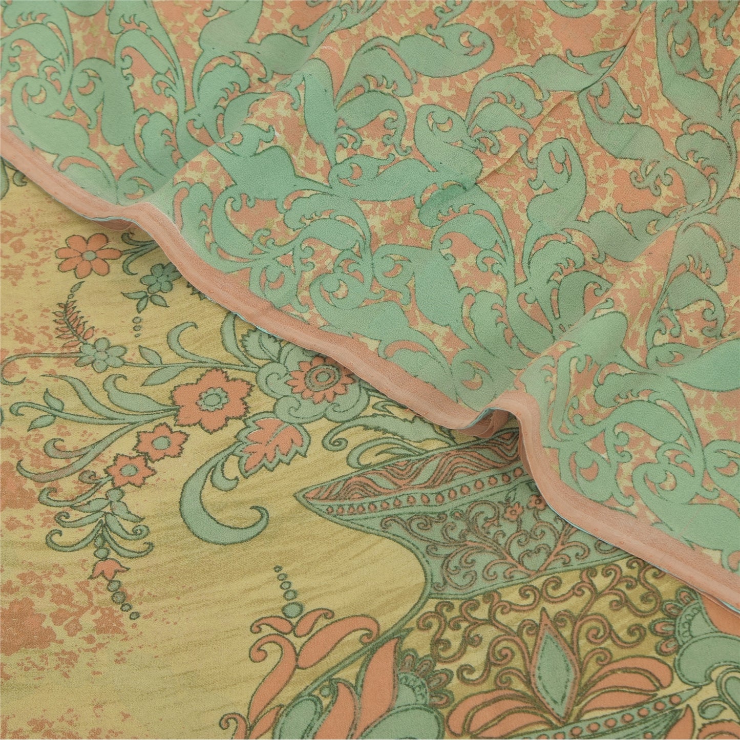 Sanskriti Vintage Sarees Olive-Green Pure Georgette Print Sari 5+yd Craft Sustainable Fabric