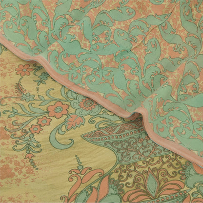 Sanskriti Vintage Sarees Olive-Green Pure Georgette Print Sari 5+yd Craft Sustainable Fabric
