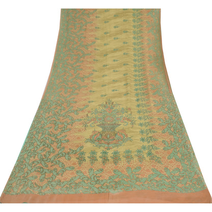 Sanskriti Vintage Sarees Olive-Green Pure Georgette Print Sari 5+yd Craft Sustainable Fabric