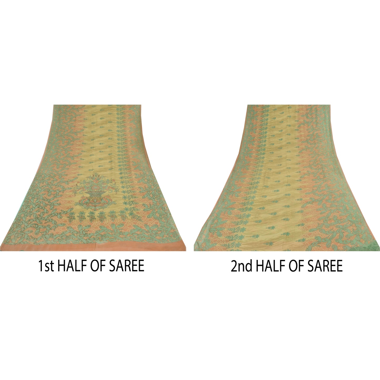 Sanskriti Vintage Sarees Olive-Green Pure Georgette Print Sari 5+yd Craft Sustainable Fabric