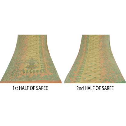 Sanskriti Vintage Sarees Olive-Green Pure Georgette Print Sari 5+yd Craft Sustainable Fabric