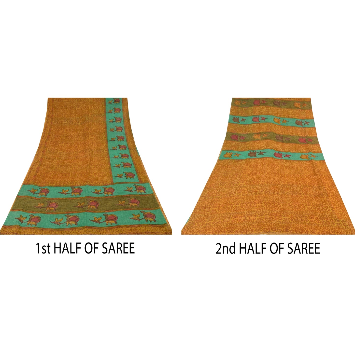 Sanskriti Vintage Sarees Saffron Pure Georgette Printed Sari 5+yd Craft Sustainable Fabric