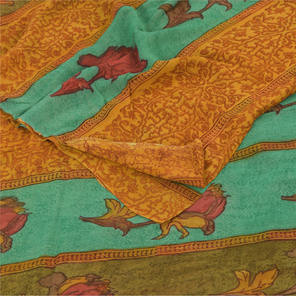 Sanskriti Vintage Sarees Saffron Pure Georgette Printed Sari 5+yd Craft Sustainable Fabric