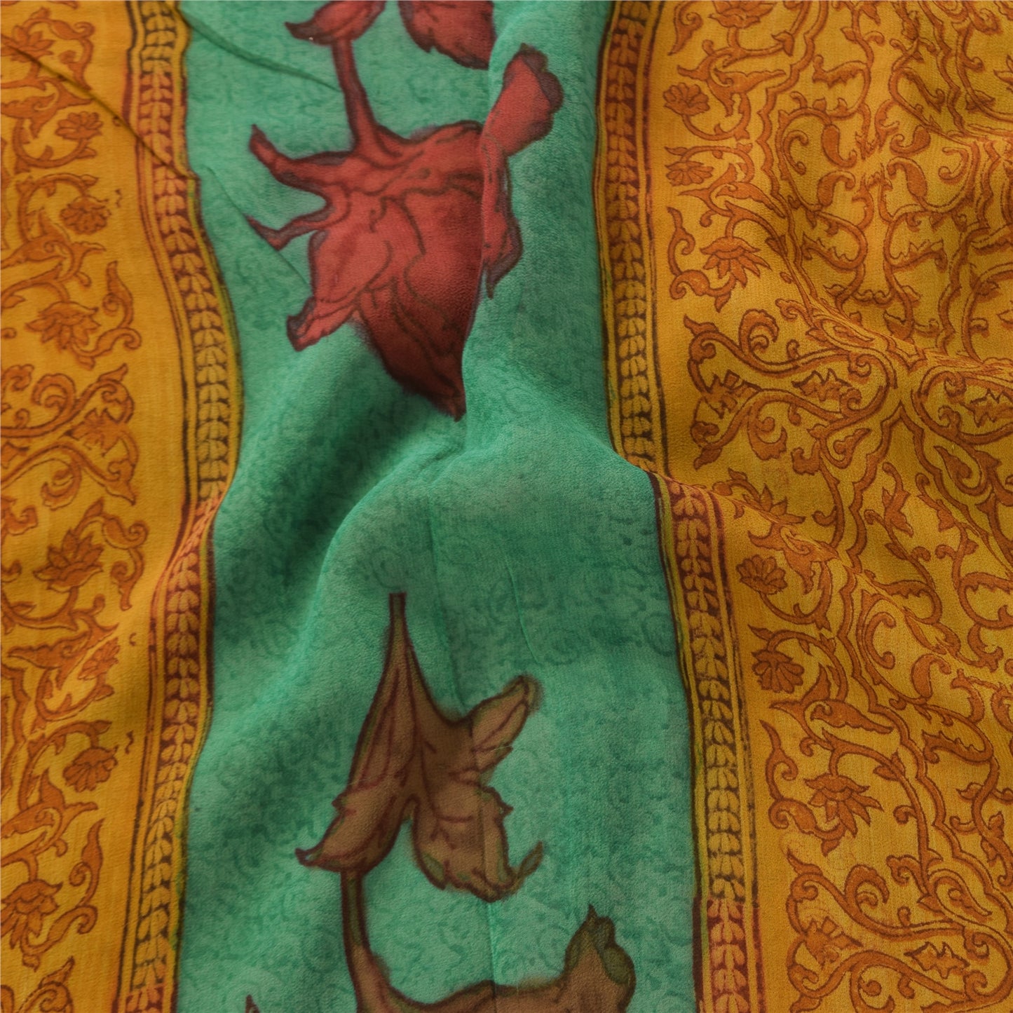 Sanskriti Vintage Sarees Saffron Pure Georgette Printed Sari 5+yd Craft Sustainable Fabric