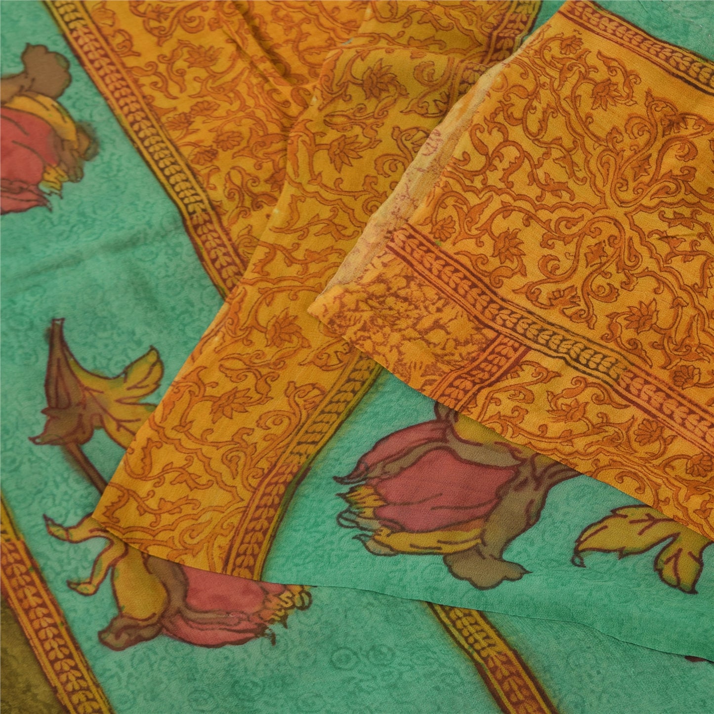 Sanskriti Vintage Sarees Saffron Pure Georgette Printed Sari 5+yd Craft Sustainable Fabric