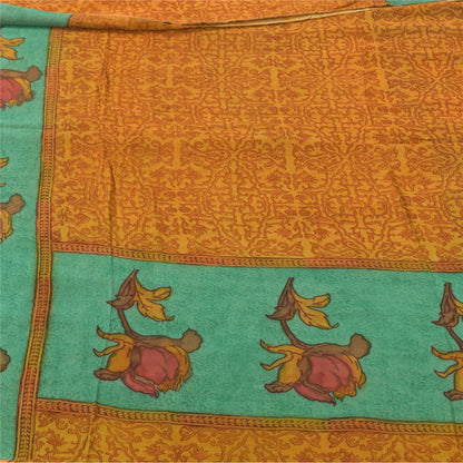 Sanskriti Vintage Sarees Saffron Pure Georgette Printed Sari 5+yd Craft Sustainable Fabric