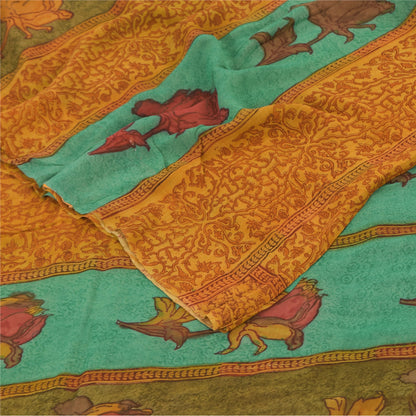 Sanskriti Vintage Sarees Saffron Pure Georgette Printed Sari 5+yd Craft Sustainable Fabric
