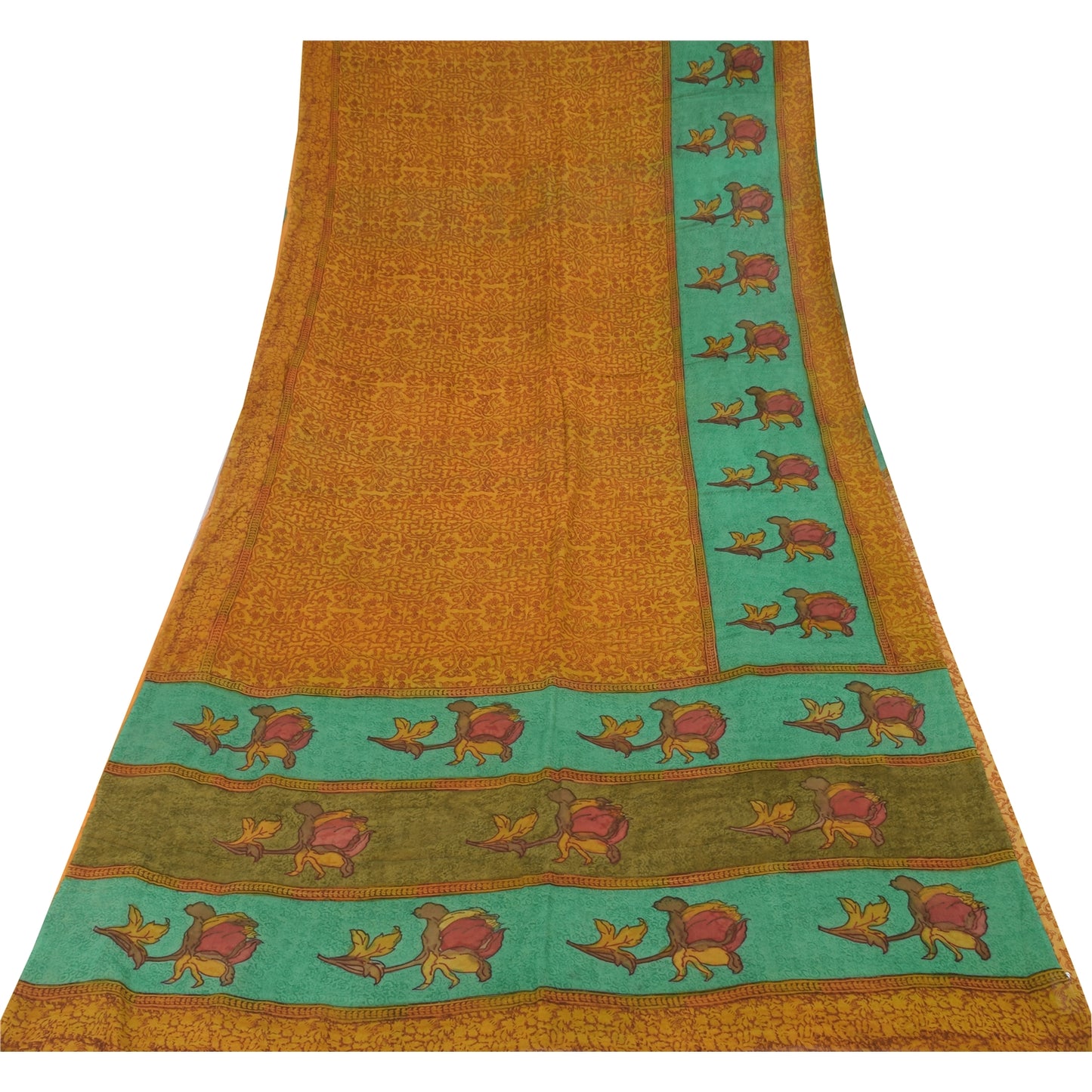 Sanskriti Vintage Sarees Saffron Pure Georgette Printed Sari 5+yd Craft Sustainable Fabric
