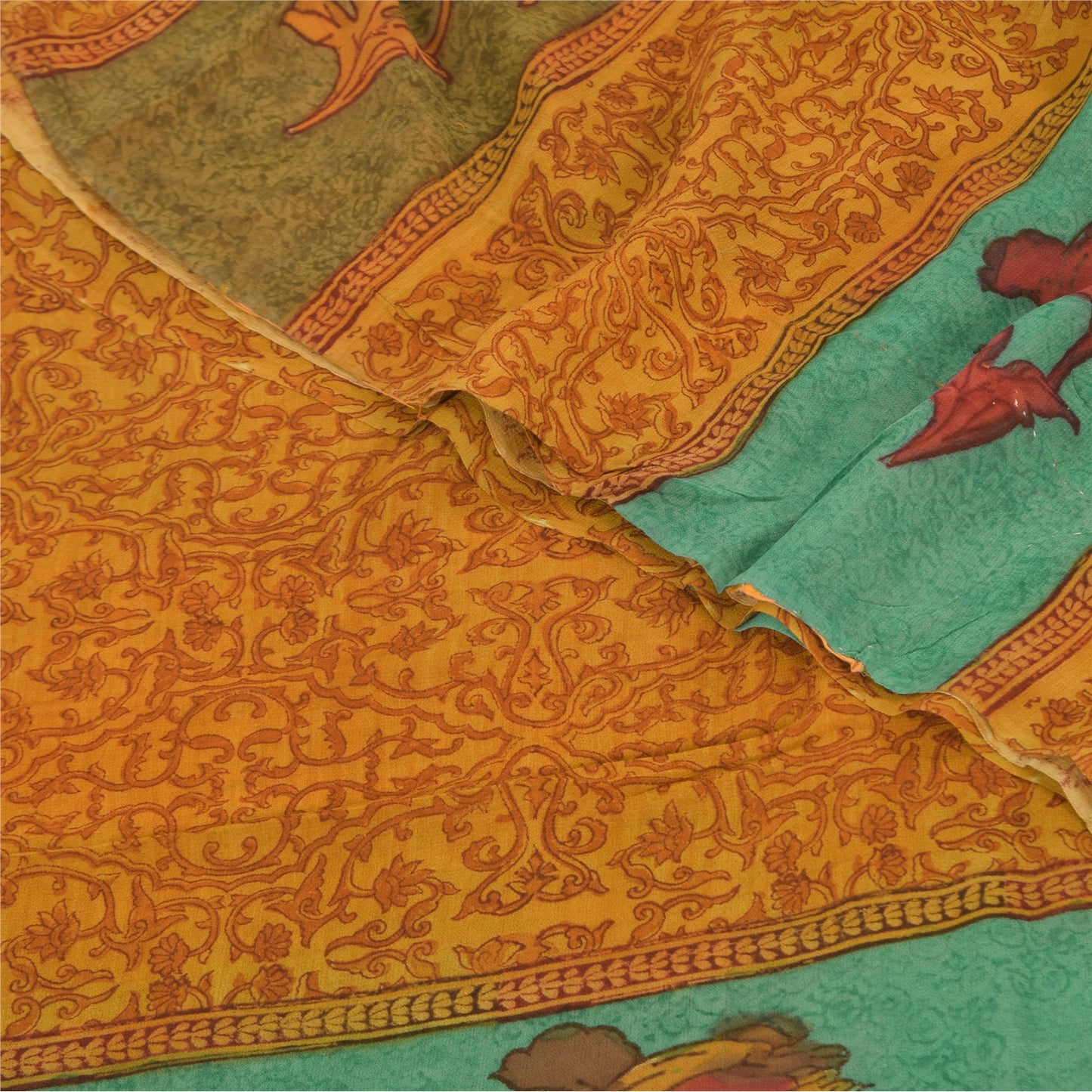 Sanskriti Vintage Sarees Saffron Pure Georgette Printed Sari 5+yd Craft Sustainable Fabric