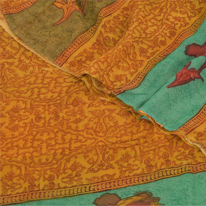 Sanskriti Vintage Sarees Saffron Pure Georgette Printed Sari 5+yd Craft Sustainable Fabric