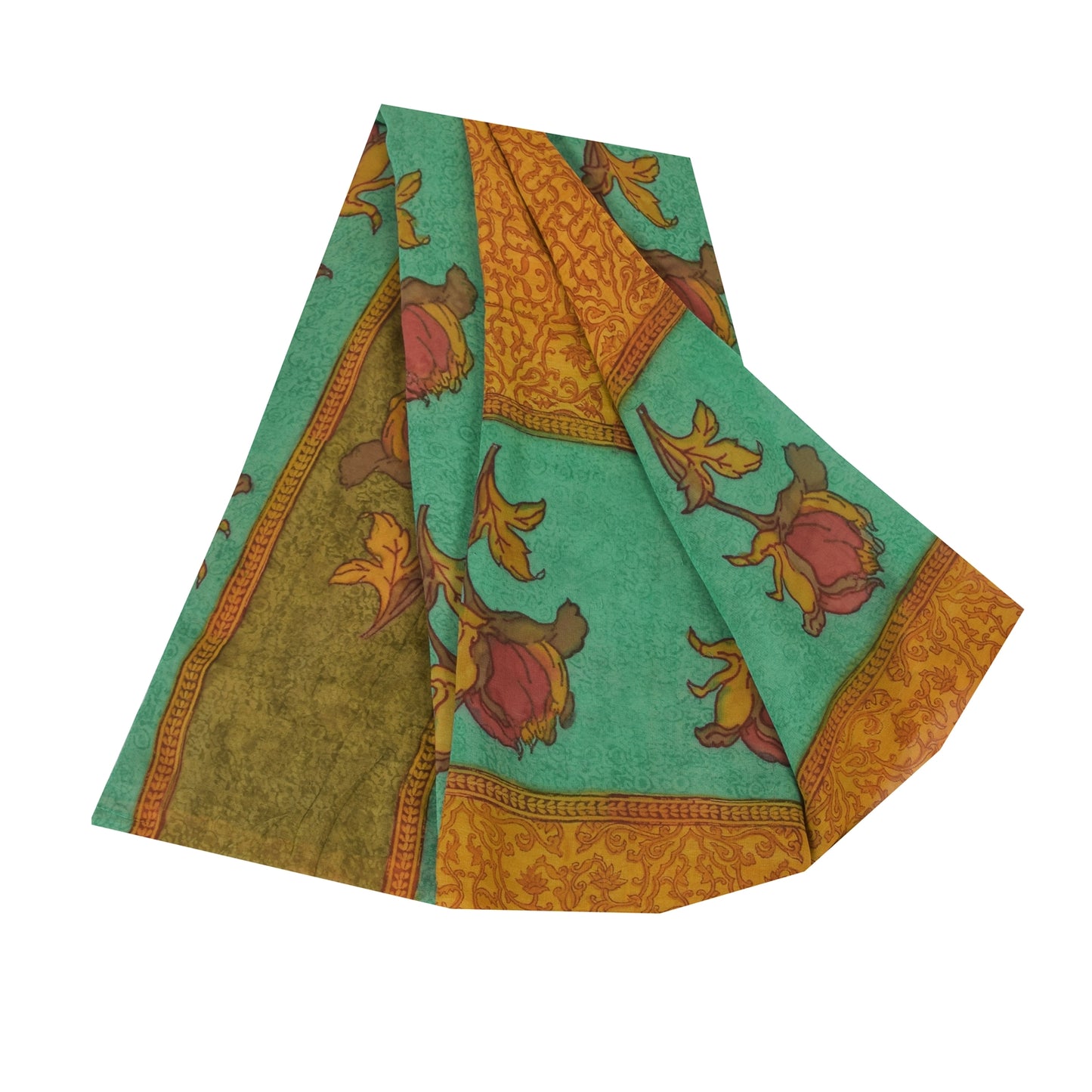 Sanskriti Vintage Sarees Saffron Pure Georgette Printed Sari 5+yd Craft Sustainable Fabric