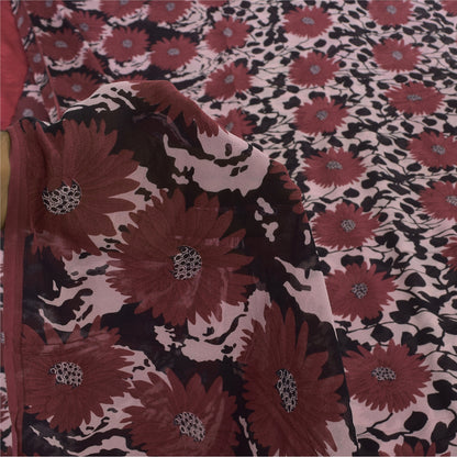 Sanskriti Vintage Sarees Dusty Red Pure Georgette Printed Sari 6yd Craft Sustainable Fabric