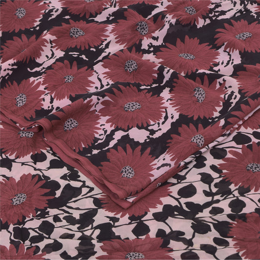 Sanskriti Vintage Sarees Dusty Red Pure Georgette Printed Sari 6yd Craft Sustainable Fabric