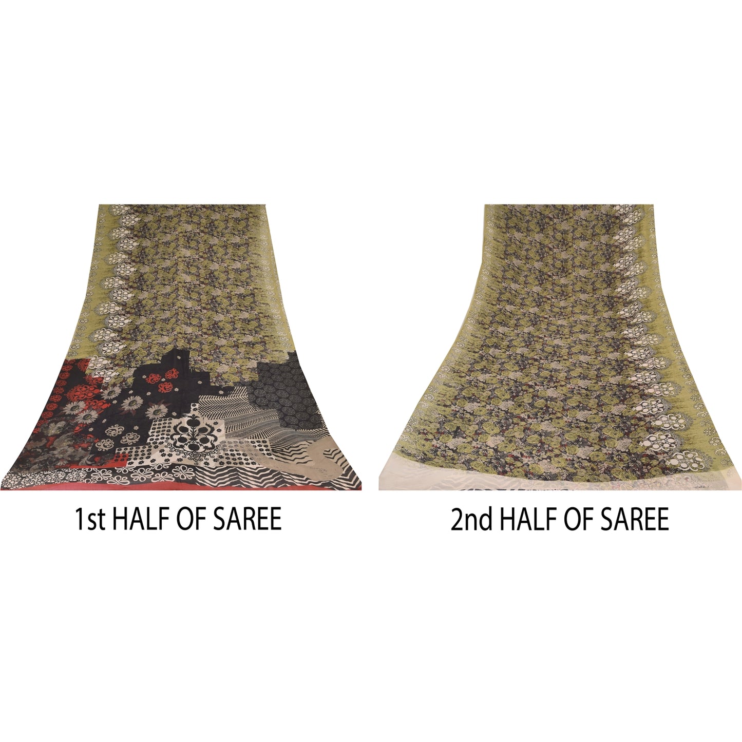 Sanskriti Vintage Sarees Black/Green Pure Georgette Print Sari 5+yd Craft Sustainable Fabric