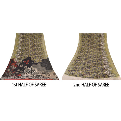 Sanskriti Vintage Sarees Black/Green Pure Georgette Print Sari 5+yd Craft Sustainable Fabric