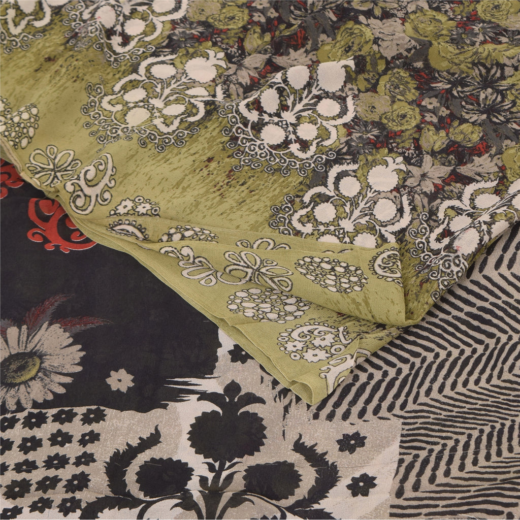 Sanskriti Vintage Sarees Black/Green Pure Georgette Print Sari 5+yd Craft Sustainable Fabric