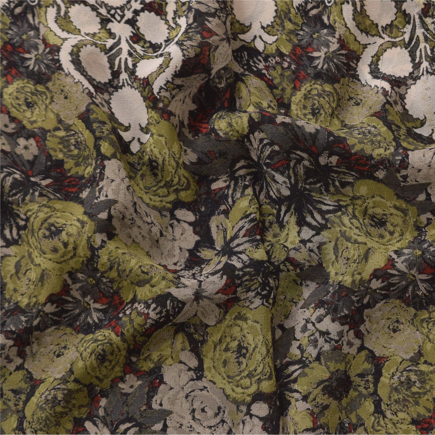 Sanskriti Vintage Sarees Black/Green Pure Georgette Print Sari 5+yd Craft Sustainable Fabric