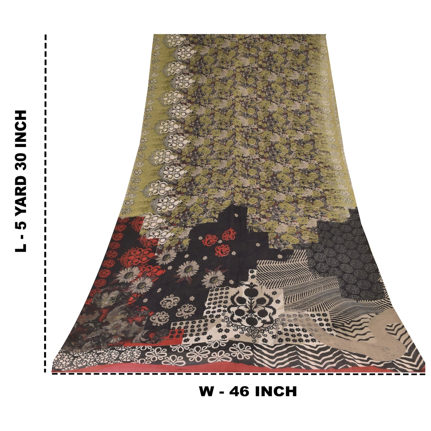 Sanskriti Vintage Sarees Black/Green Pure Georgette Print Sari 5+yd Craft Sustainable Fabric