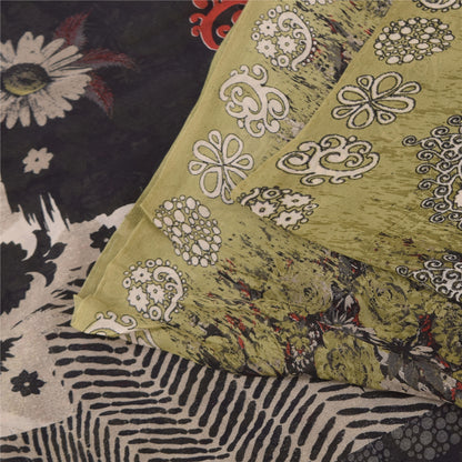 Sanskriti Vintage Sarees Black/Green Pure Georgette Print Sari 5+yd Craft Sustainable Fabric