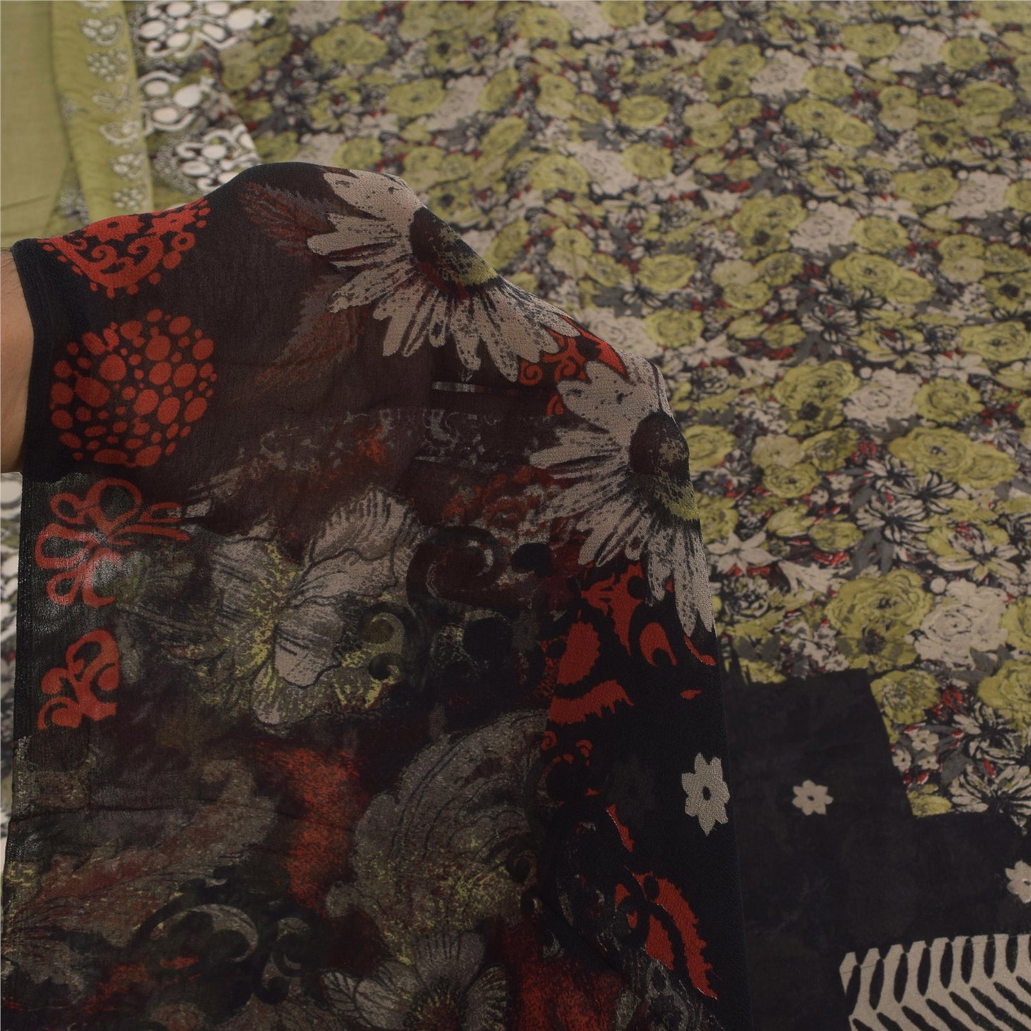 Sanskriti Vintage Sarees Black/Green Pure Georgette Print Sari 5+yd Craft Sustainable Fabric