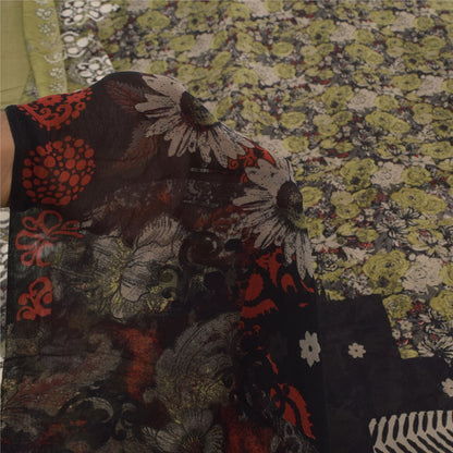 Sanskriti Vintage Sarees Black/Green Pure Georgette Print Sari 5+yd Craft Sustainable Fabric