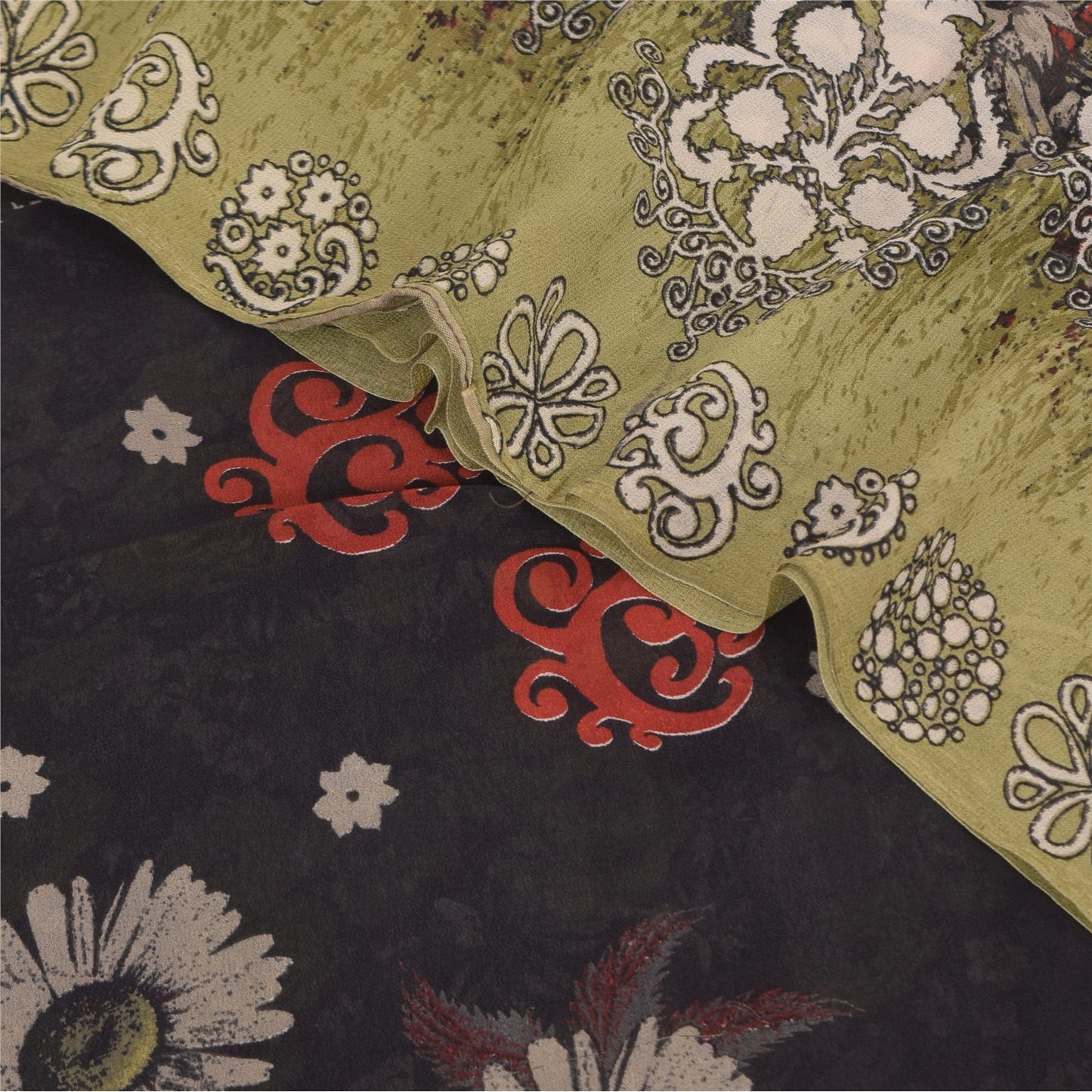 Sanskriti Vintage Sarees Black/Green Pure Georgette Print Sari 5+yd Craft Sustainable Fabric