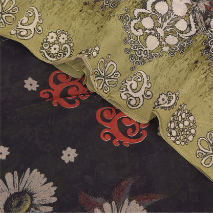 Sanskriti Vintage Sarees Black/Green Pure Georgette Print Sari 5+yd Craft Sustainable Fabric