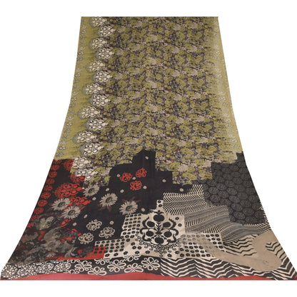 Sanskriti Vintage Sarees Black/Green Pure Georgette Print Sari 5+yd Craft Sustainable Fabric