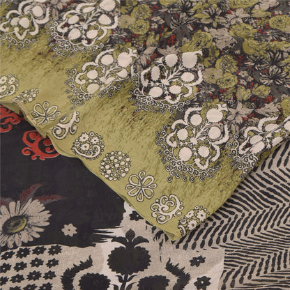 Sanskriti Vintage Sarees Black/Green Pure Georgette Print Sari 5+yd Craft Sustainable Fabric