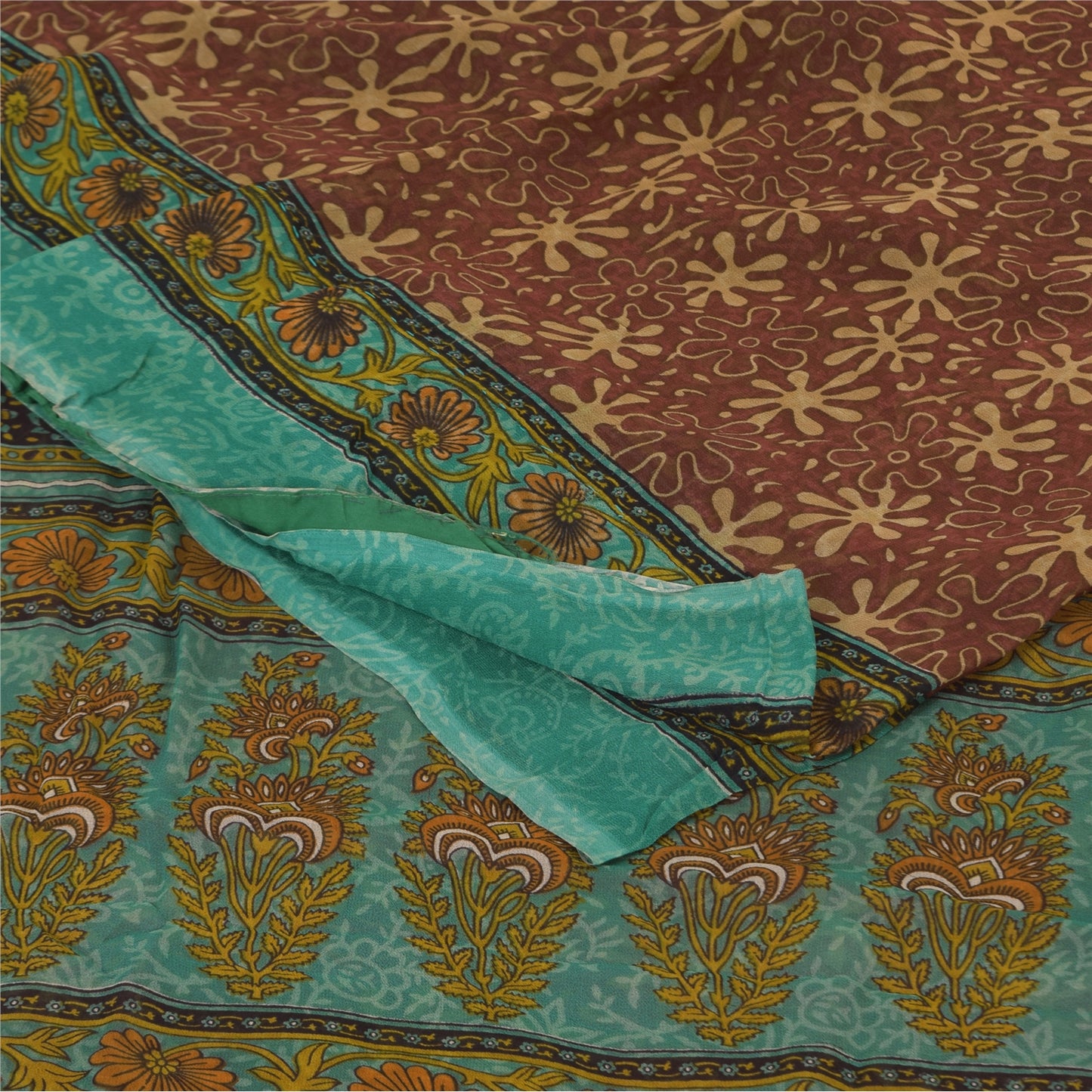 Sanskriti Vintage Sarees Dusty Red Pure Georgette Printed Sari 5+yd Craft Sustainable Fabric