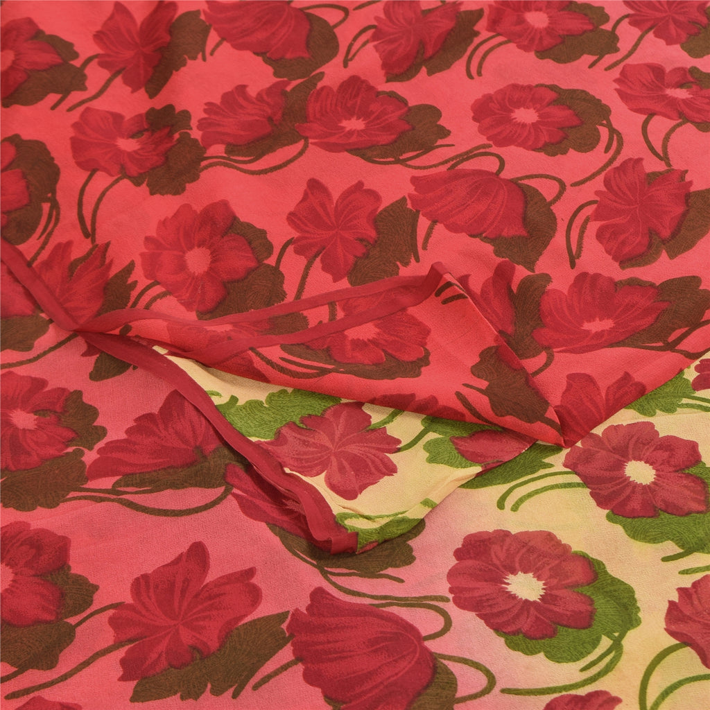 Sanskriti Vintage Sarees Red & Cream Pure Georgette Print Sari 5+yd Craft Fabric