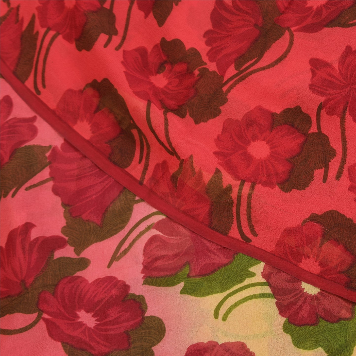 Sanskriti Vintage Sarees Red & Cream Pure Georgette Print Sari 5+yd Craft Fabric