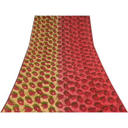 Sanskriti Vintage Sarees Red & Cream Pure Georgette Print Sari 5+yd Craft Fabric