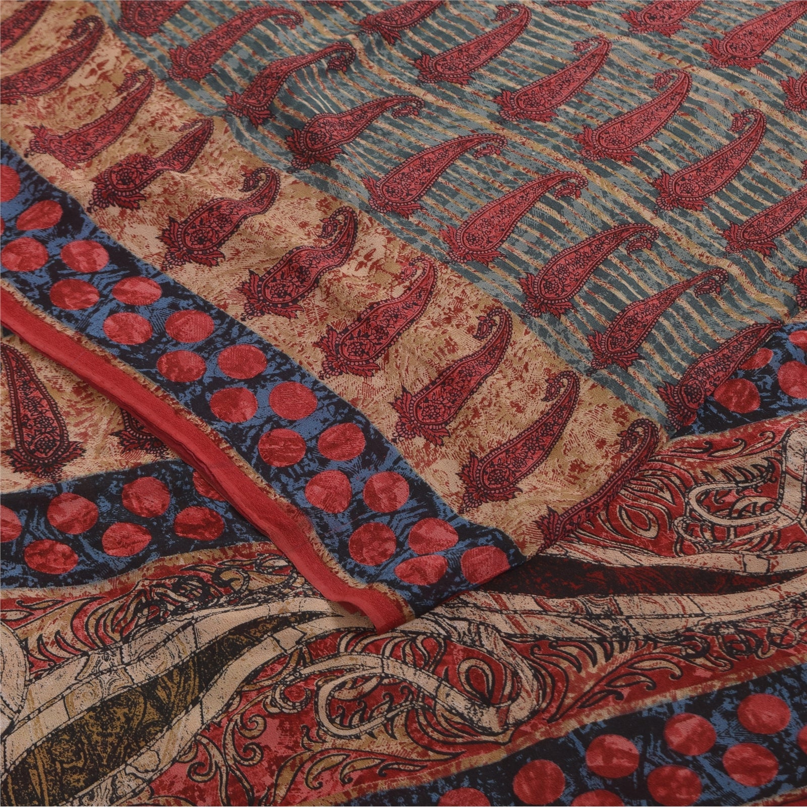 Sanskriti Vintage Sarier Blå &amp; Røde Sari Med Rent Georgette-Mønster, 5+ yards Håndværksmæssigt Bæredygtigt Stoff