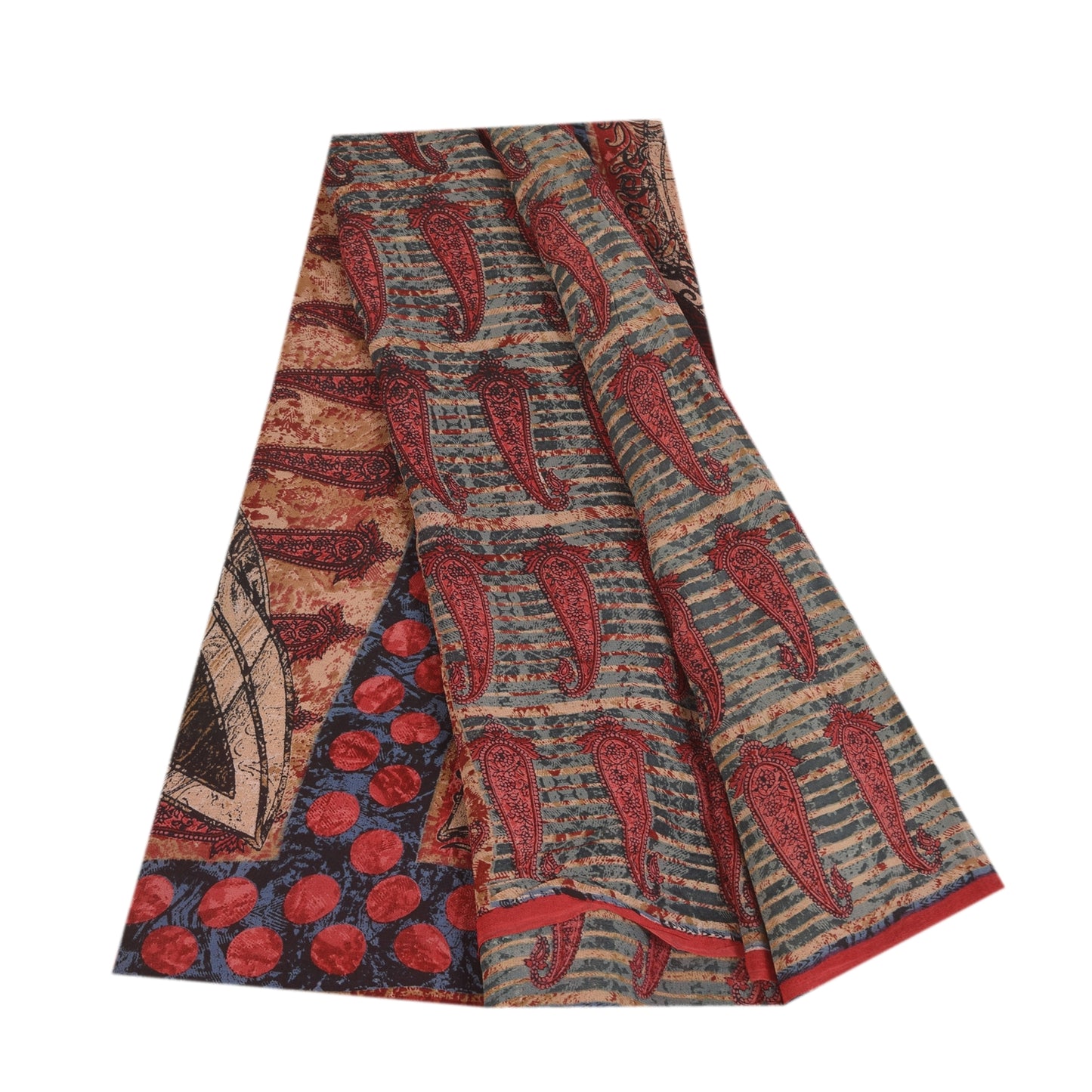 Sanskriti Vintage Sarees Blue & Red Pure Georgette Print Sari 5+yd Craft Sustainable Fabric