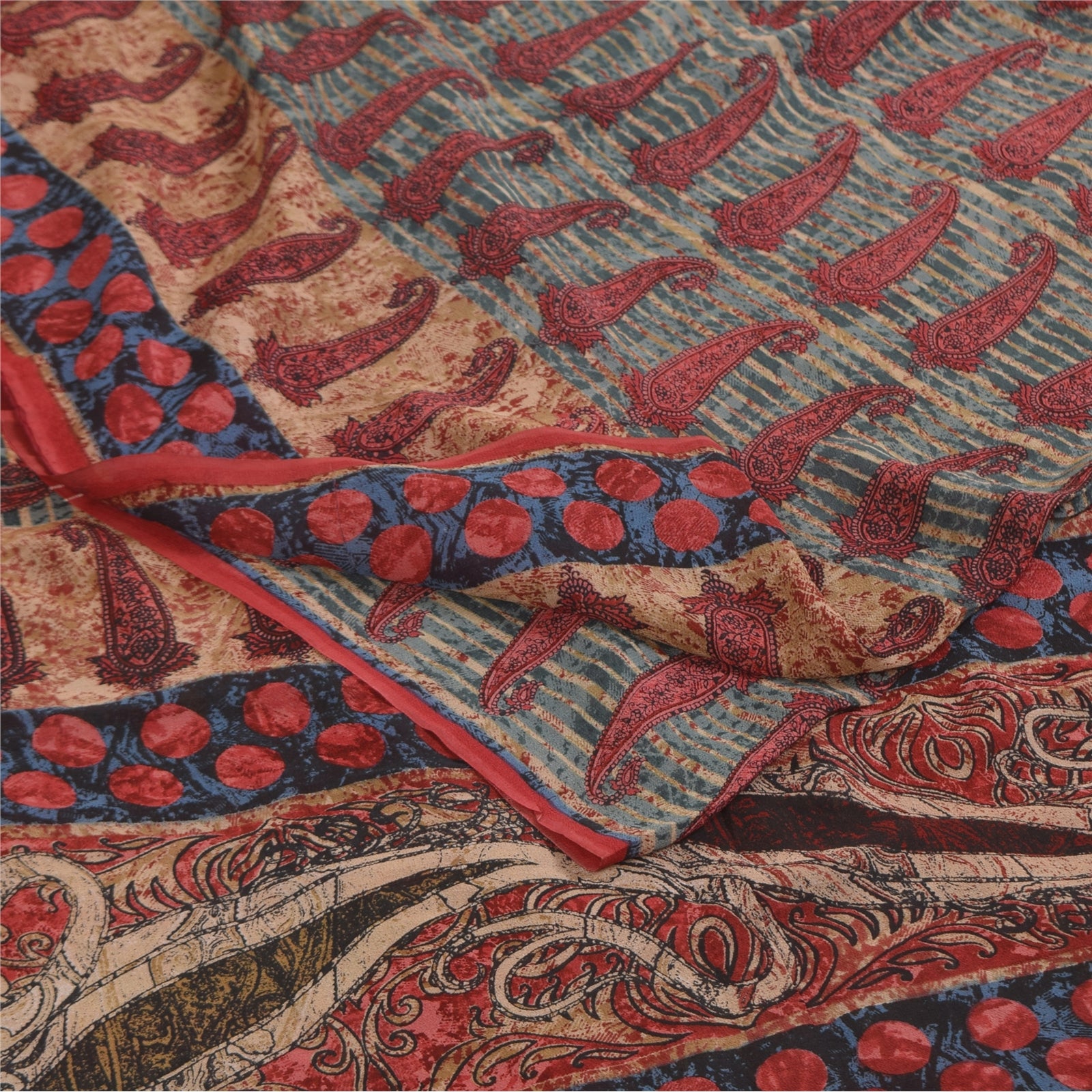 Sanskriti Vintage Sarier Blå &amp; Røde Sari Med Rent Georgette-Mønster, 5+ yards Håndværksmæssigt Bæredygtigt Stoff