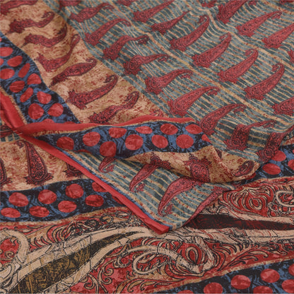 Sanskriti Vintage Sarees Blue & Red Pure Georgette Print Sari 5+yd Craft Sustainable Fabric