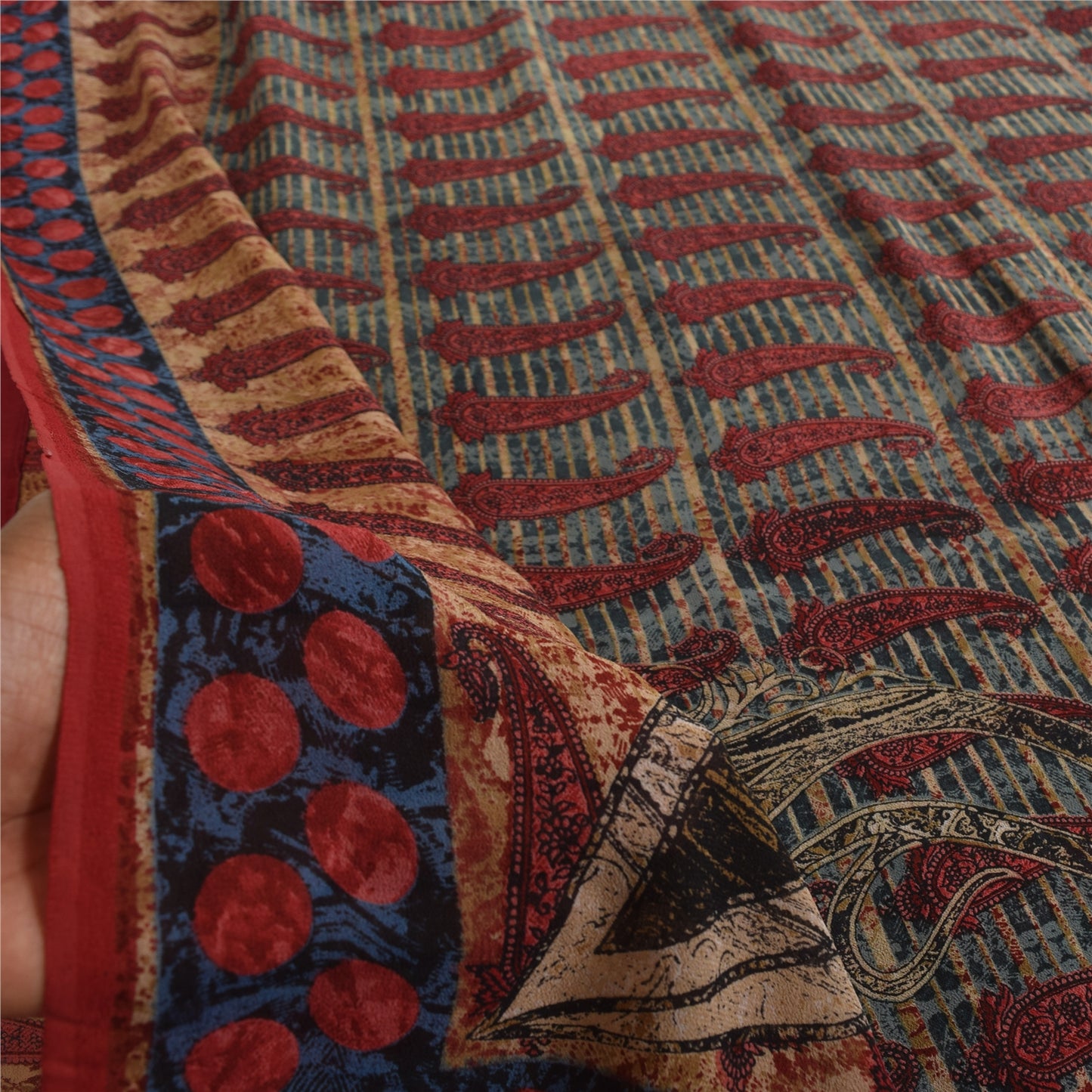 Sanskriti Vintage Sarees Blue & Red Pure Georgette Print Sari 5+yd Craft Sustainable Fabric