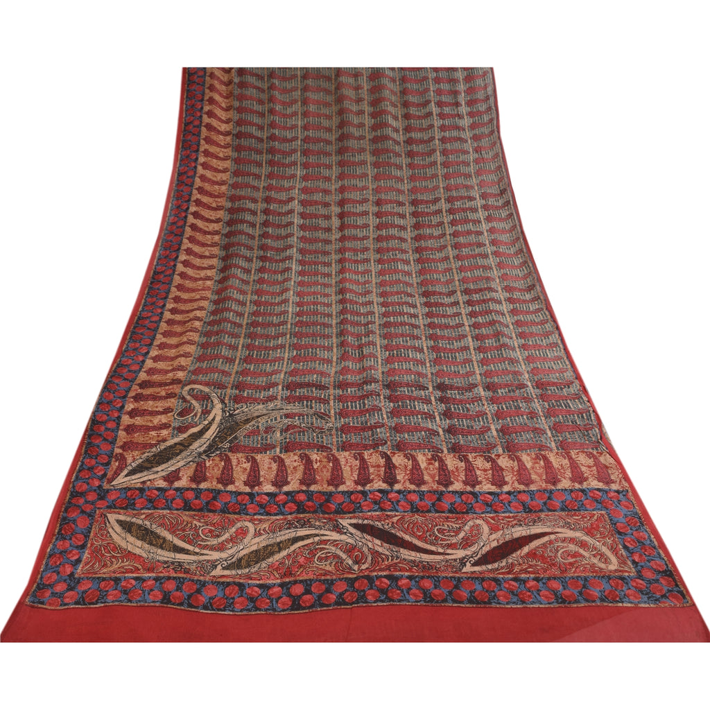 Sanskriti Vintage Sarees Blue & Red Pure Georgette Print Sari 5+yd Craft Sustainable Fabric