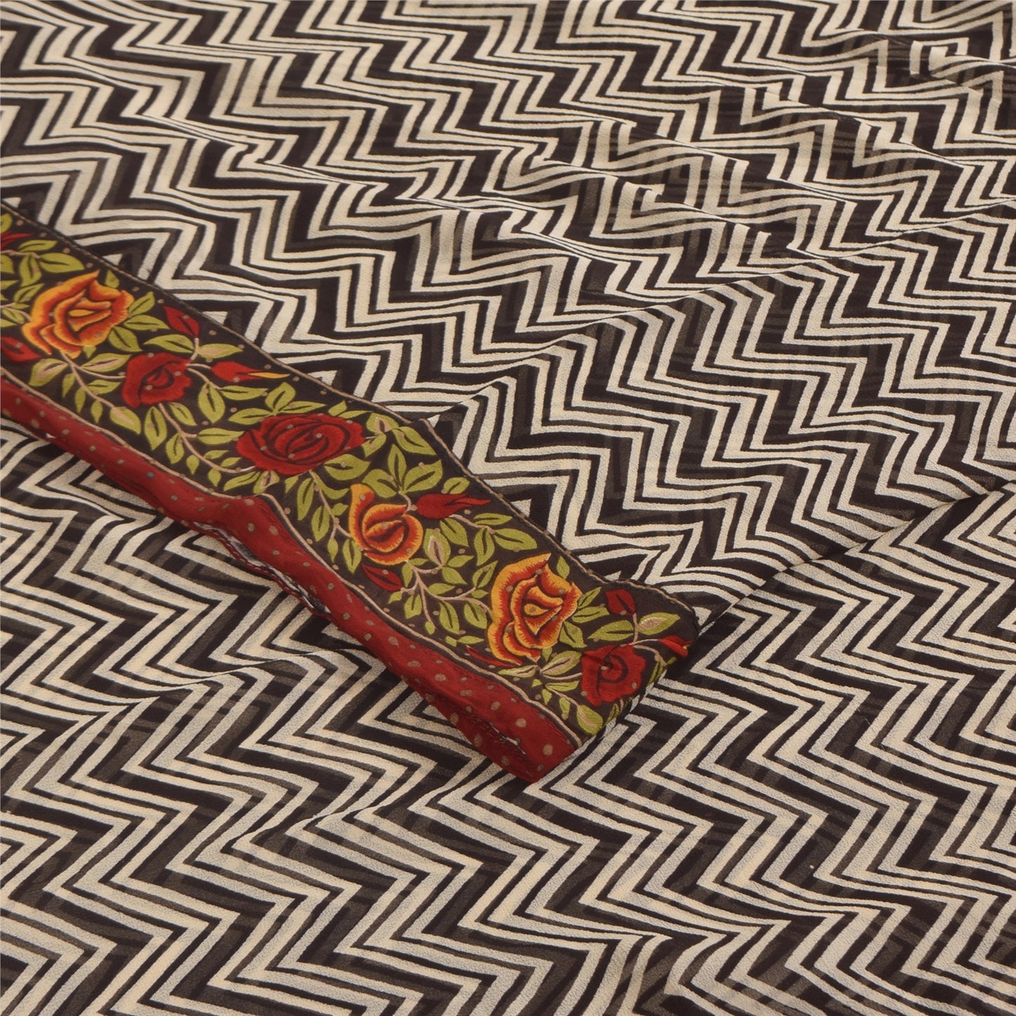 Sanskriti Vintage Sarees Black Pure Georgette Silk Print Sari 6+yd Craft Sustainable Fabric