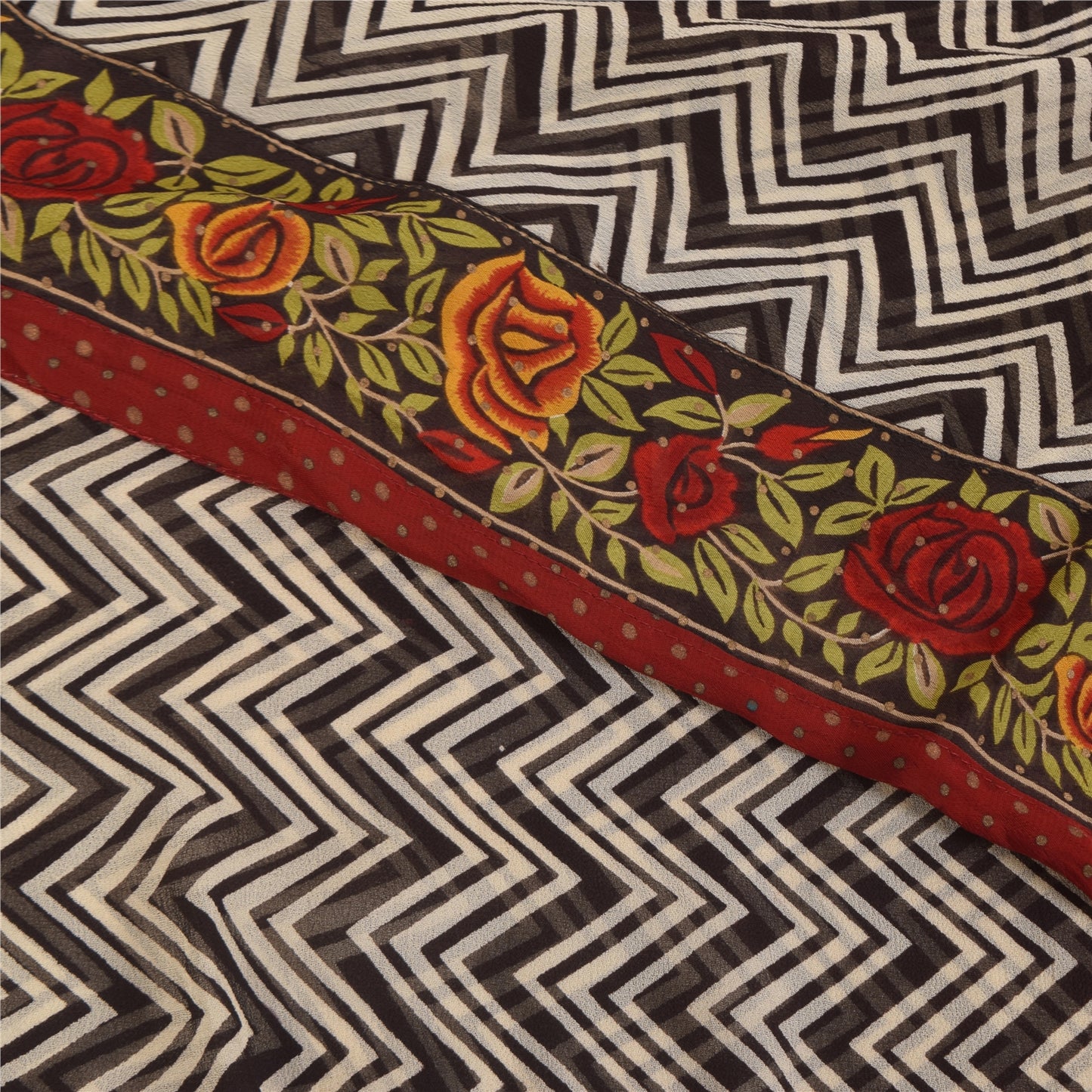 Sanskriti Vintage Sarees Black Pure Georgette Silk Print Sari 6+yd Craft Sustainable Fabric