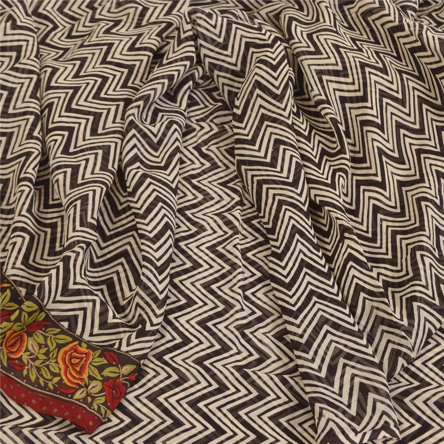 Sanskriti Vintage Sarees Black Pure Georgette Silk Print Sari 6+yd Craft Sustainable Fabric