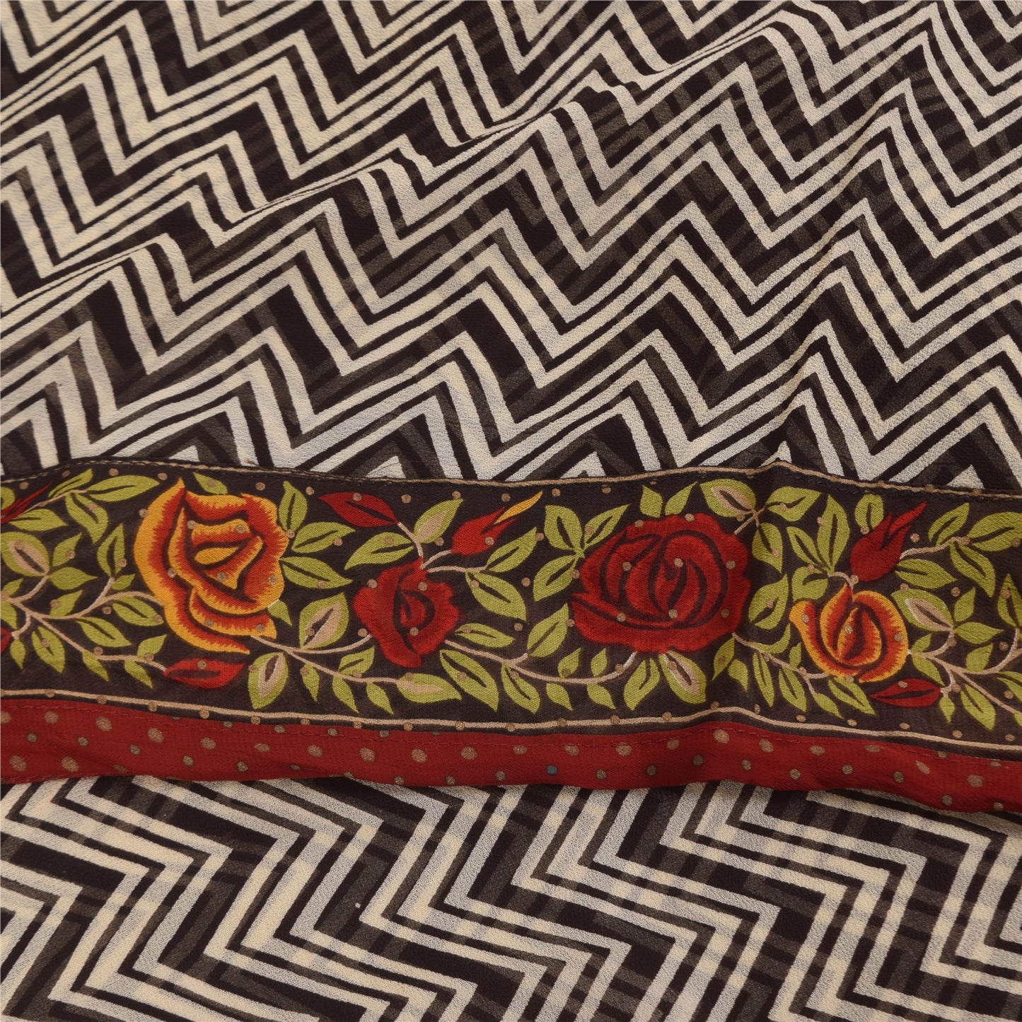 Sanskriti Vintage Sarees Black Pure Georgette Silk Print Sari 6+yd Craft Sustainable Fabric