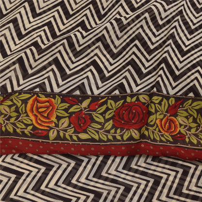 Sanskriti Vintage Sarees Black Pure Georgette Silk Print Sari 6+yd Craft Sustainable Fabric